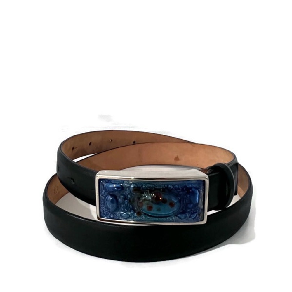 Vintage Statement Italian Belt Blue Art Glass Buckle Black Leather Size Large